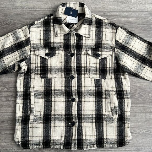 LUCKY BRAND Oversized Shacket Medium Plaid Cream Black Shirt Jacket 90s Western - Picture 4 of 12